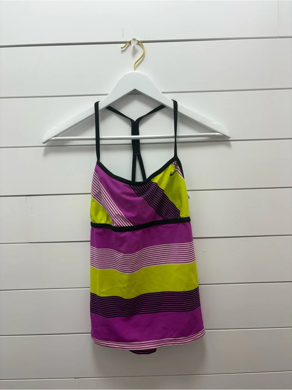 Nike Purple and Lime Green Striped Tankini Top